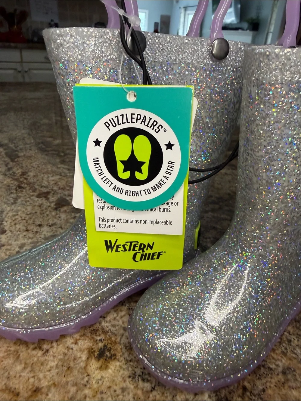 Western Chief Kids Glitter Silver Rain Boots w/ Lavender Handles